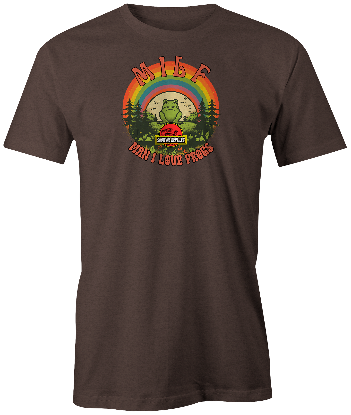show me reptiles reptile snake lizard frog milf dude hippie man i love frogs brown shirt t-shirt tee shirt