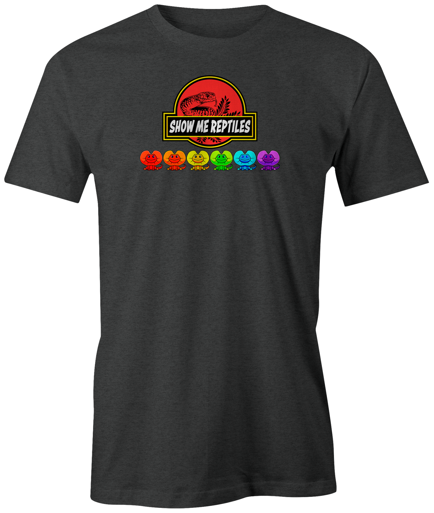 show me reptile show reptiles frilled dragons lizard snake pet animal rainbow pride tee shirt t-shirt charcoal grey gray 
